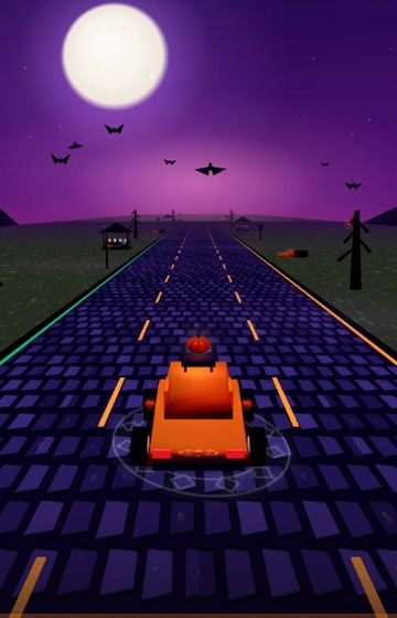 Hollow Moon Express cover art: a ghost highway and a pumpkin car under a purple moon