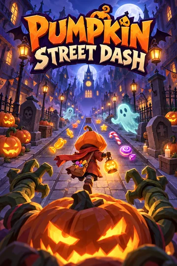 Pumpkin Street Dash cover art: a pumpkin-headed character fleeing through midnight streets